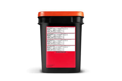 Large black food storage container with orange lid and visible nutrition facts label.