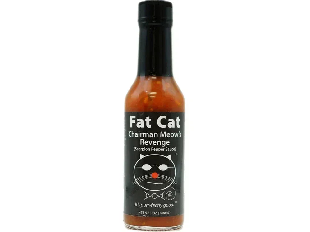 Fat Cat Chairman Meow's Revenge scorpion pepper hot sauce bottle with cat logo