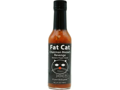 Fat Cat Chairman Meow's Revenge scorpion pepper hot sauce bottle with cat logo