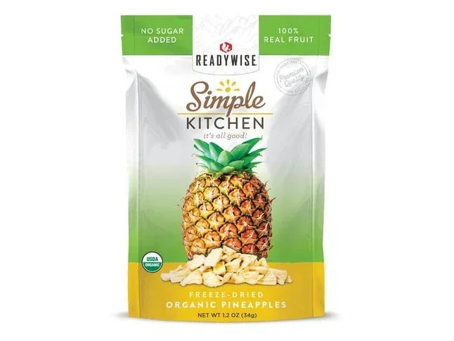 Freeze-dried organic pineapple slices pouch, no sugar added, 100% real fruit snack.