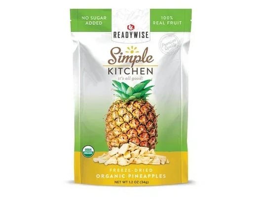 Freeze-dried organic pineapple slices pouch, no sugar added, 100% real fruit snack.