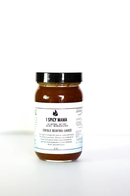 1 Spicy Mama Creole Seafood Sauce jar with black lid on white background, Spice n Slice Market gourmet condiment