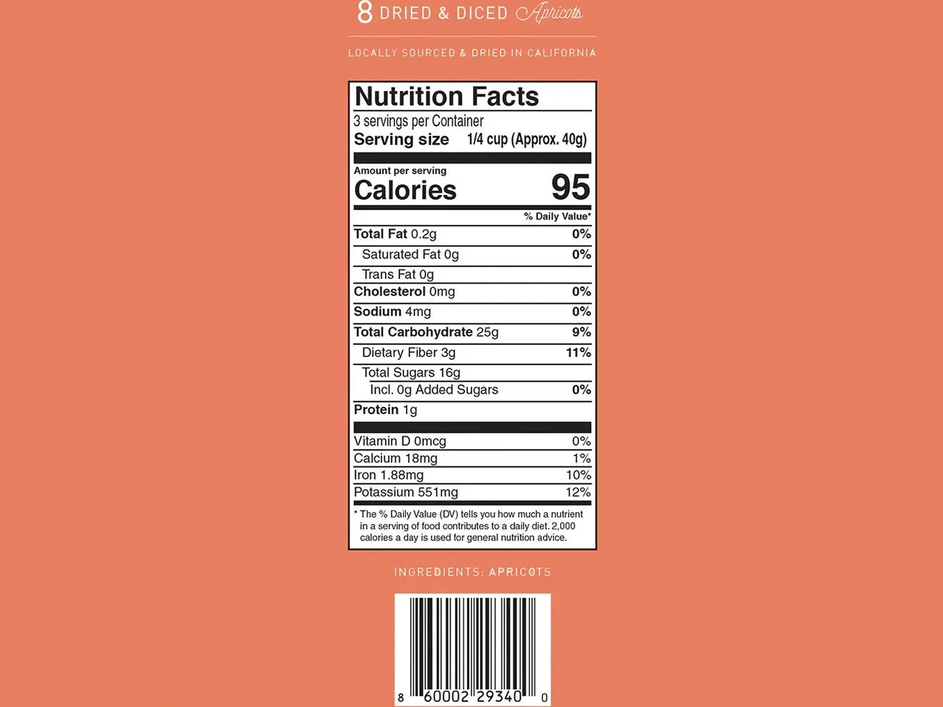 Nutrition facts label for dried apricots on an orange background, showing nutrients and ingredients.