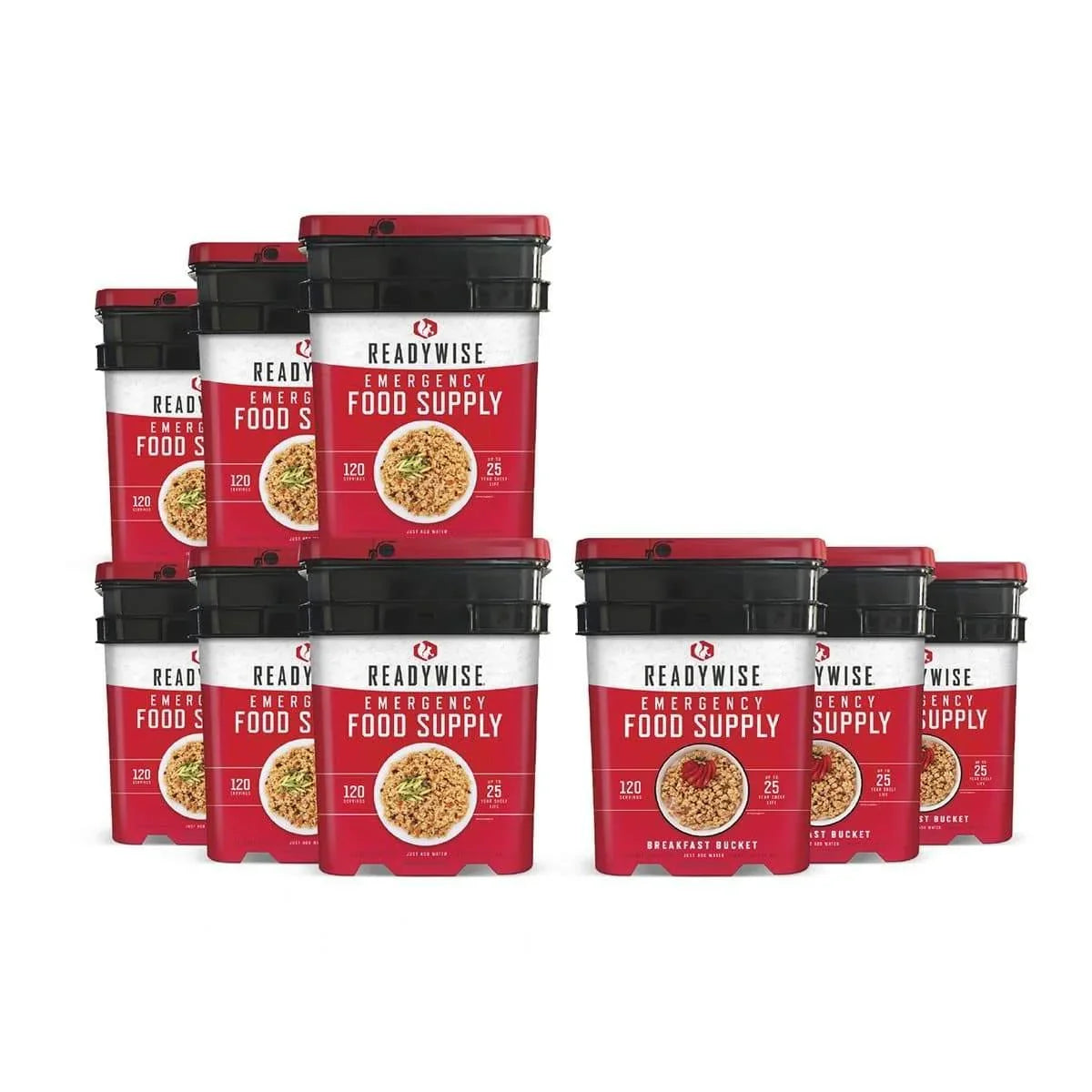 Multiple ReadyWise emergency food supply storage buckets with red and black lids.