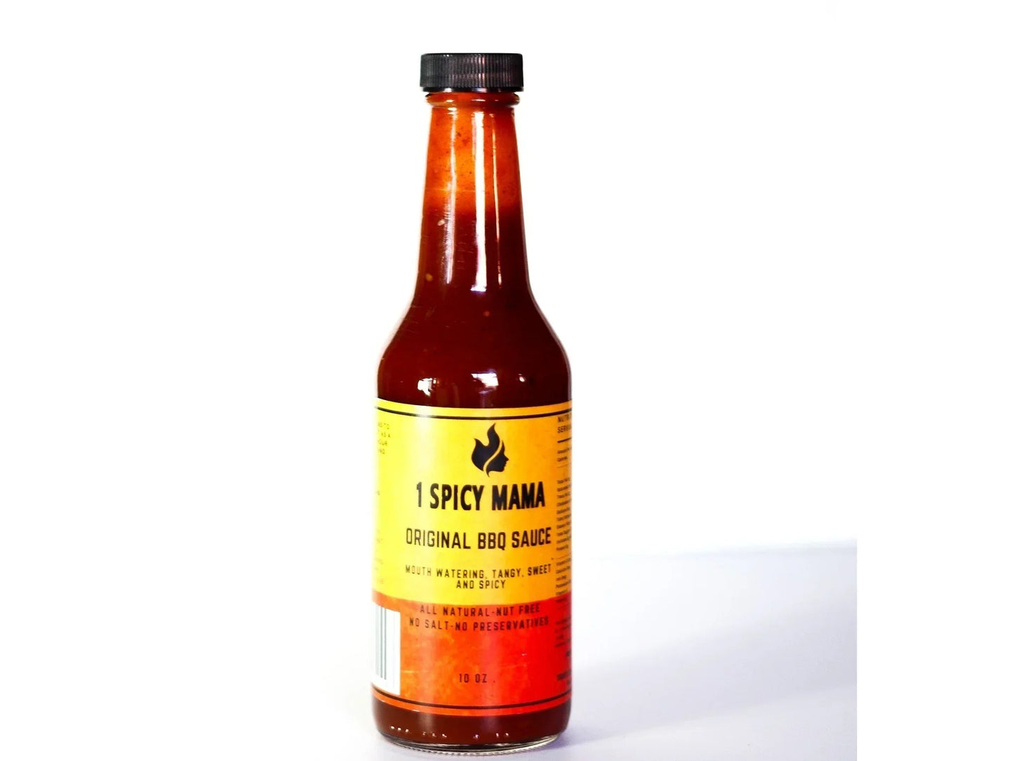 Bottle of 1 Spicy Mama original BBQ sauce with yellow and orange label on white background