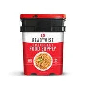 ReadyWise emergency food supply bucket with red and black packaging, 120 servings label
