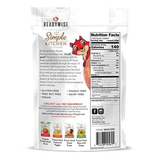 Back of ReadyWise Simple Kitchen freeze-dried fruit snack pouch with nutrition facts and playful squirrel graphic.