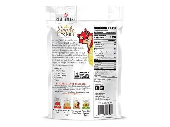 Back of ReadyWise Simple Kitchen dried fruit snack pouch with nutrition facts and organic label.
