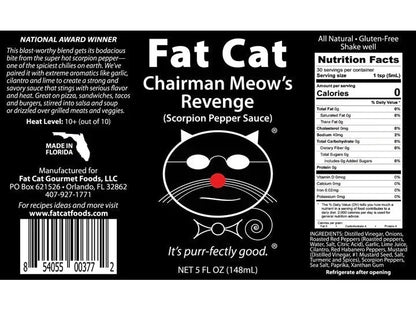 Fat Cat Chairman Meow’s Revenge scorpion pepper sauce bottle label with cat logo and nutrition facts
