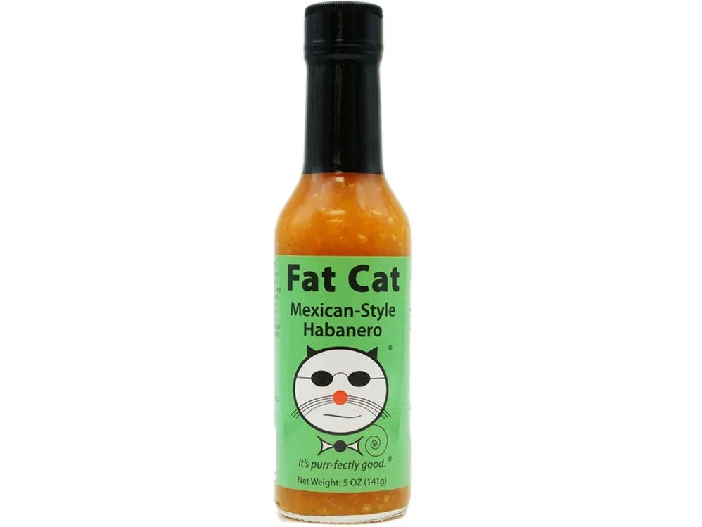 Fat Cat Mexican-style habanero hot sauce bottle with green label and cat illustration