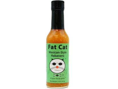Fat Cat Mexican-style habanero hot sauce bottle with green label and cat illustration