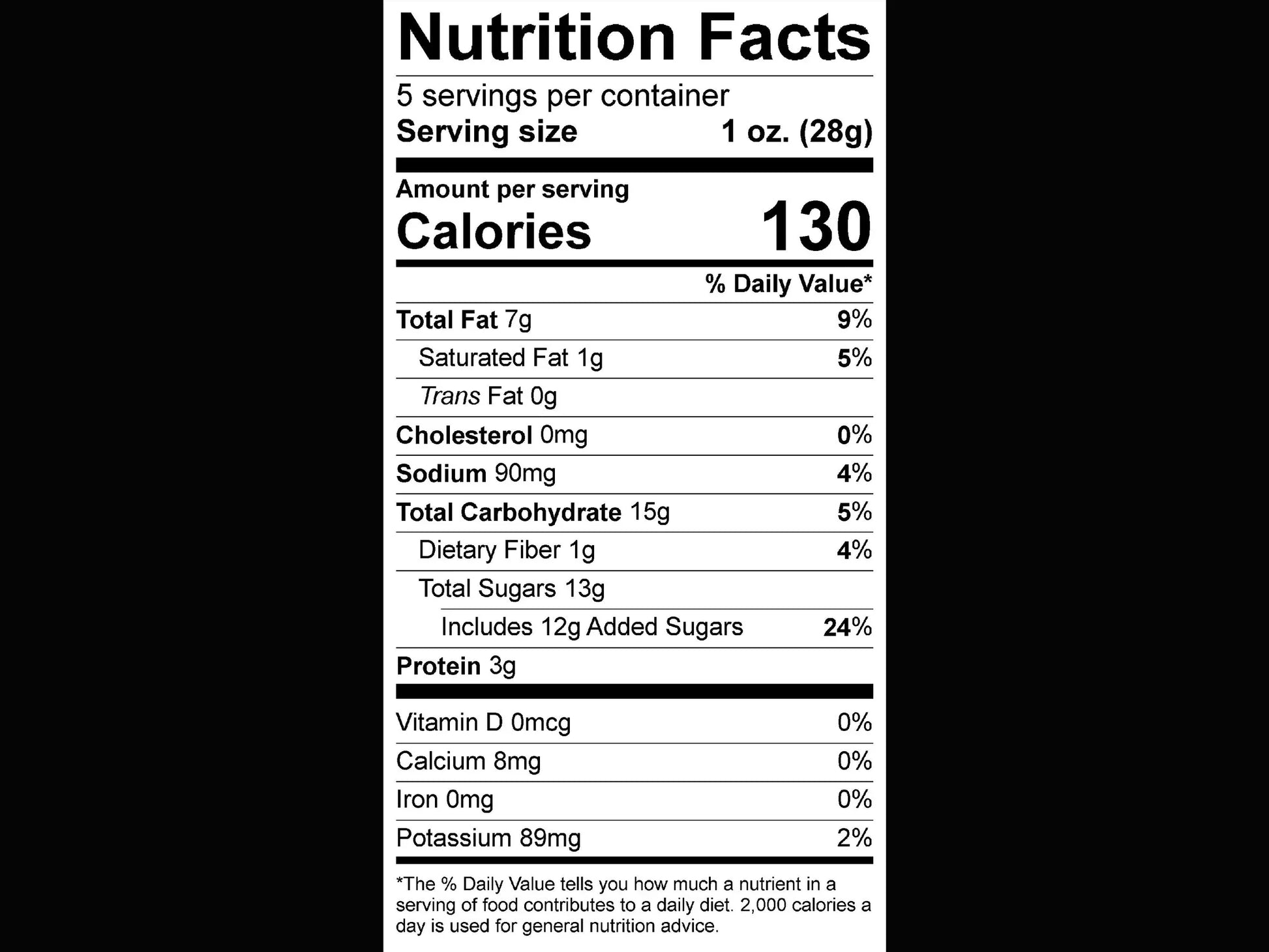 Nutrition facts label, 130 calories per 28g serving, details fat, carbs, sugar, protein content