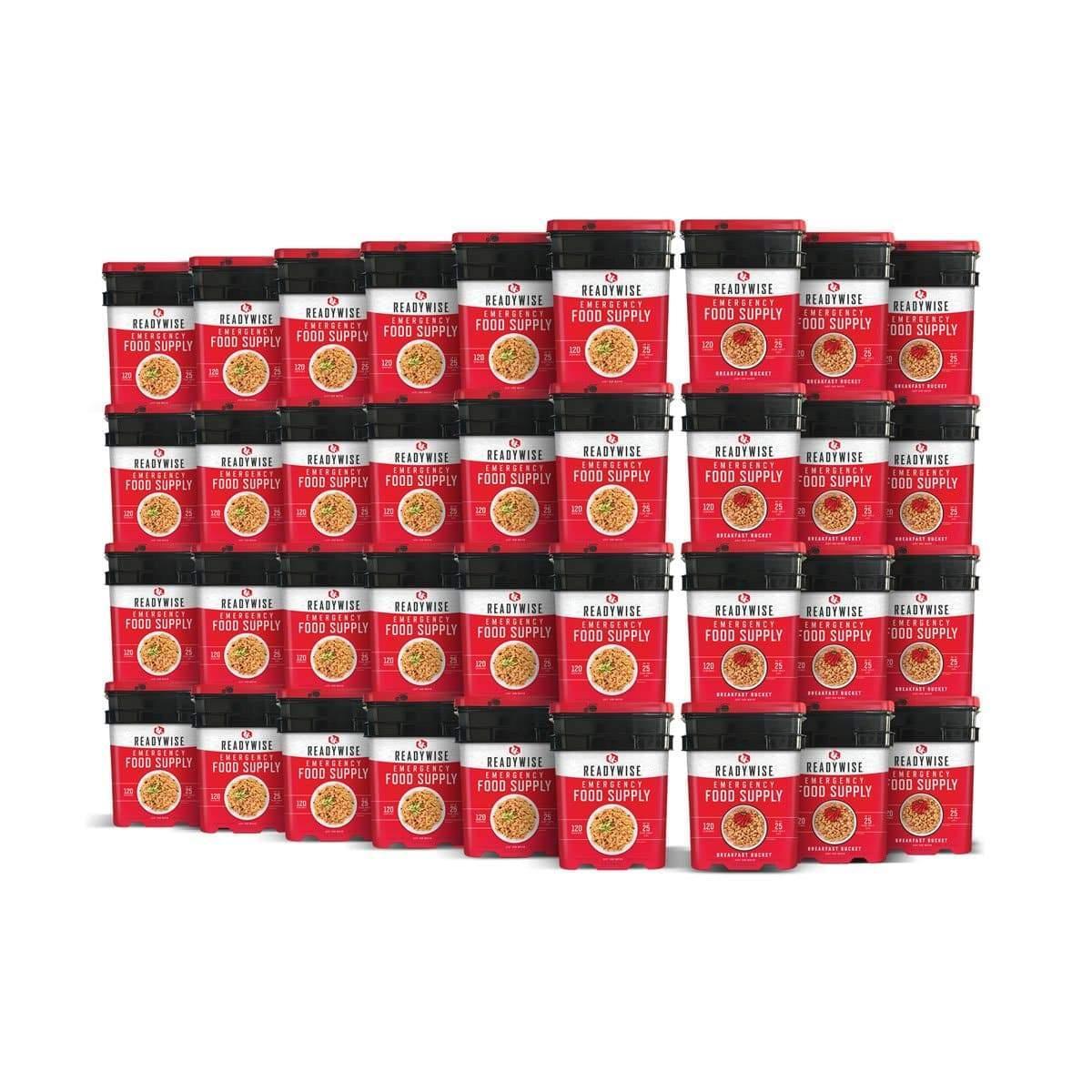 Stacked ReadyWise emergency food supply buckets in red packaging on white background