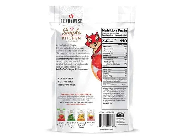 Back of freeze-dried apple snack pouch, nutrition facts, squirrel mascot, gluten free, tree nut free.