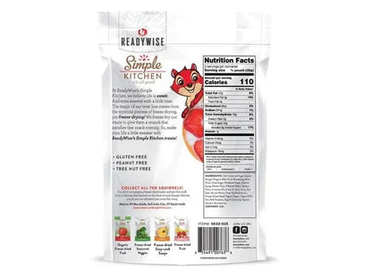 Back of freeze-dried apple snack pouch, nutrition facts, squirrel mascot, gluten free, tree nut free.