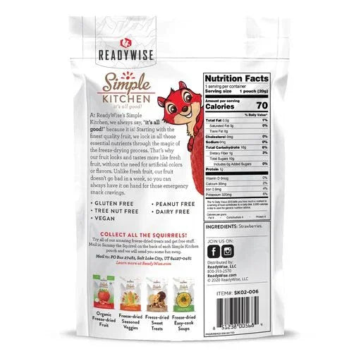 Back of ReadyWise Simple Kitchen freeze-dried strawberries pouch, nutrition facts visible.