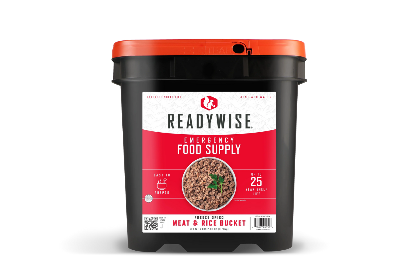 Freeze dried meat and rice emergency food supply bucket with red lid and 25 year shelf life