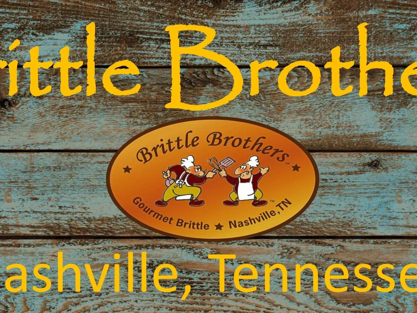 Brittle Brothers Nashville TN logo on rustic wood background, gourmet brittle illustration
