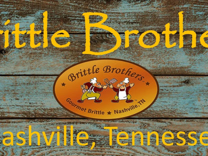 Brittle Brothers Nashville TN logo on rustic wood background, gourmet brittle illustration