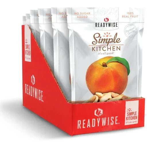 Display box of Readywise Simple Kitchen dried peach snack packs, no sugar added, real fruit