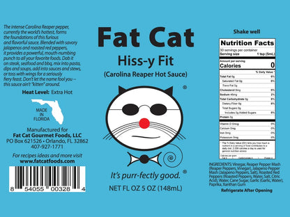 Fat Cat Hiss-y Fit Carolina Reaper hot sauce label with extra hot level, cat illustration, ingredients and nutrition facts.