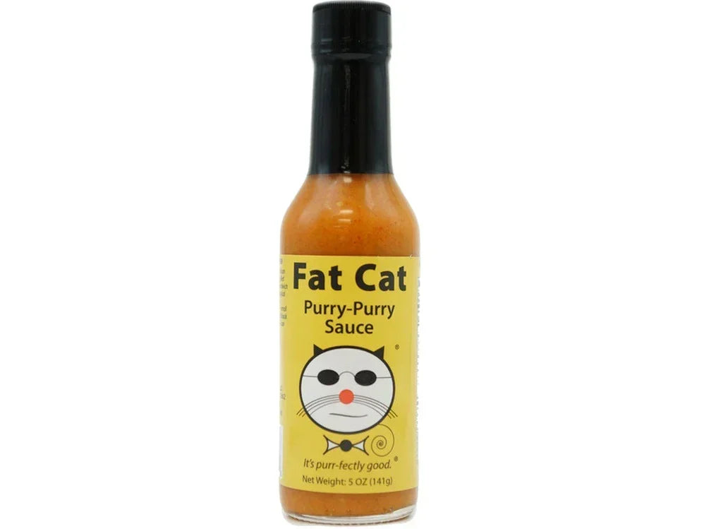 Fat Cat Purry-Purry Sauce bottle with yellow label and cat logo, gourmet hot sauce