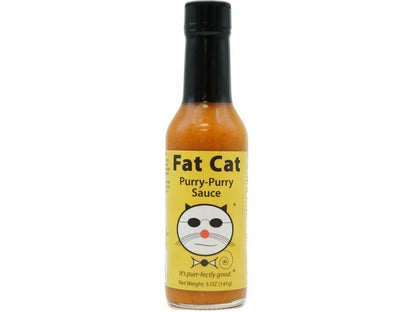 Fat Cat Purry-Purry Sauce bottle with yellow label and cat logo, gourmet hot sauce