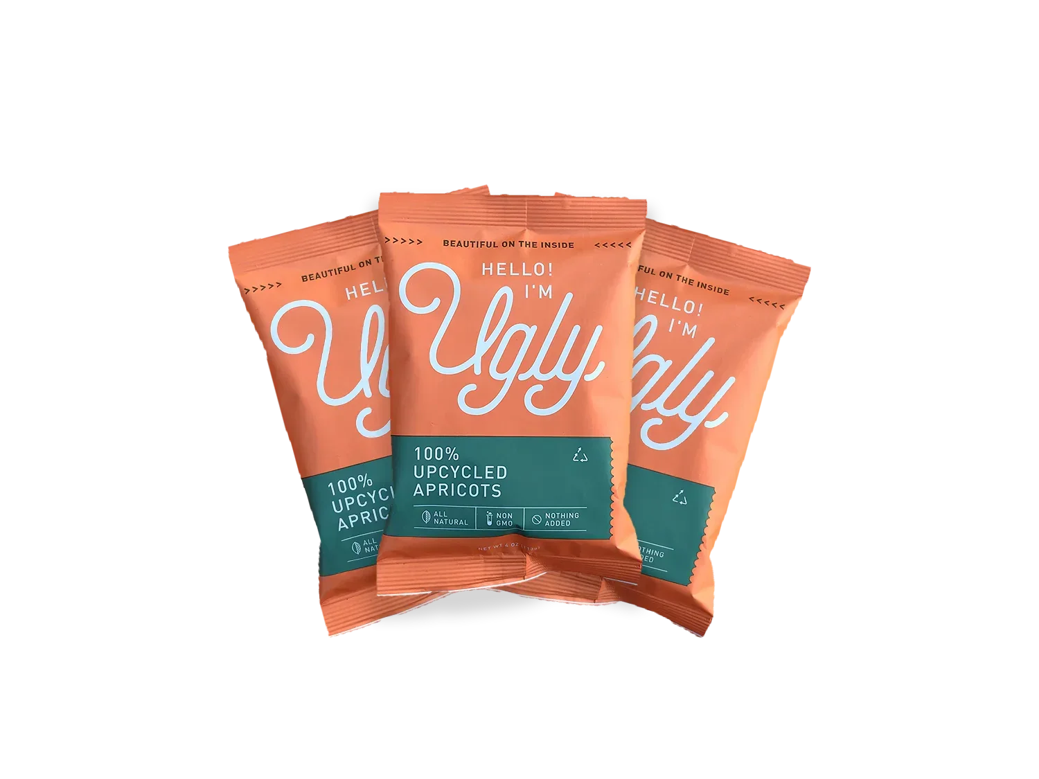 Three orange packs of 100% upcycled dried apricots, all natural and non-GMO snack.