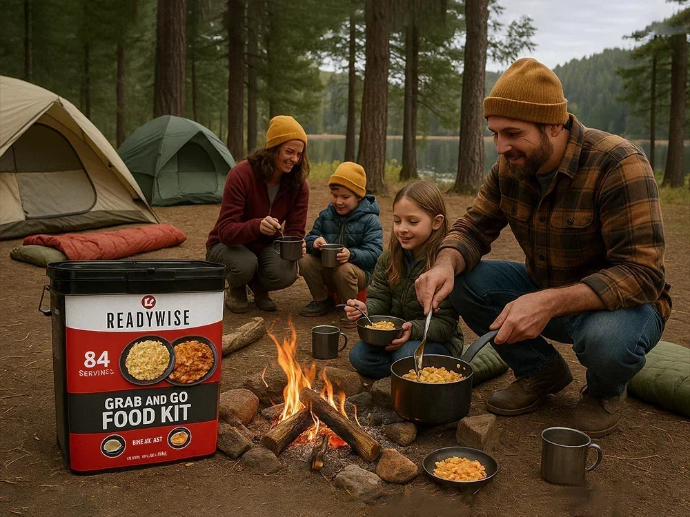 Family camping by a campfire in forest with ReadyWise Grab and Go Food Kit for outdoor meals