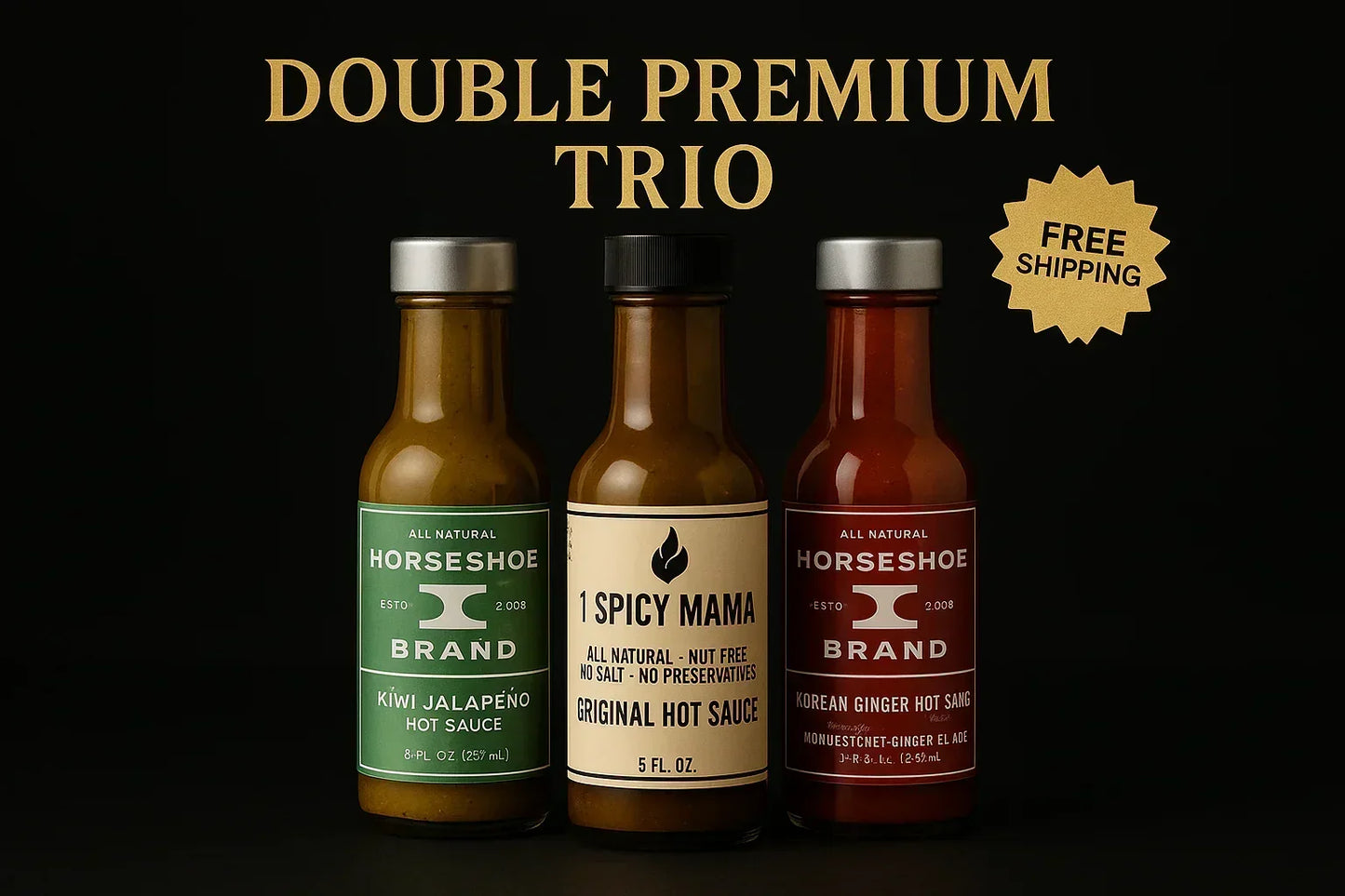 Trio of premium hot sauces including kiwi jalapeño, spicy mama, and Korean ginger flavors.