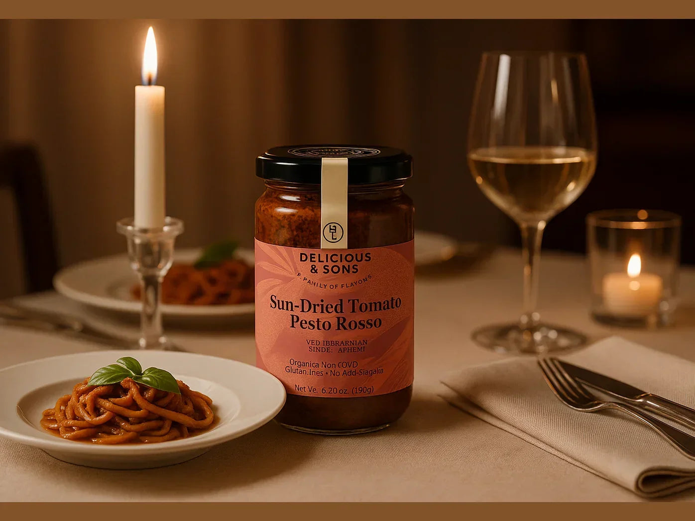 Elegant table setting with Sun-Dried Tomato Pesto Rosso jar, pasta dish, wine and candles