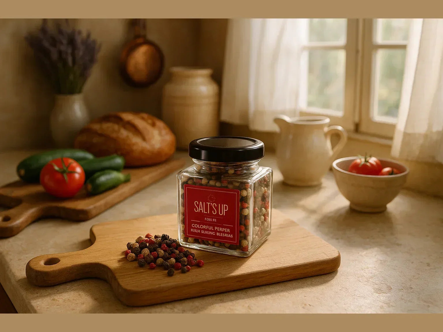 Colorful pepper blend jar on wooden cutting board in cozy French country kitchen with bread, tomatoes, and cucumbers.