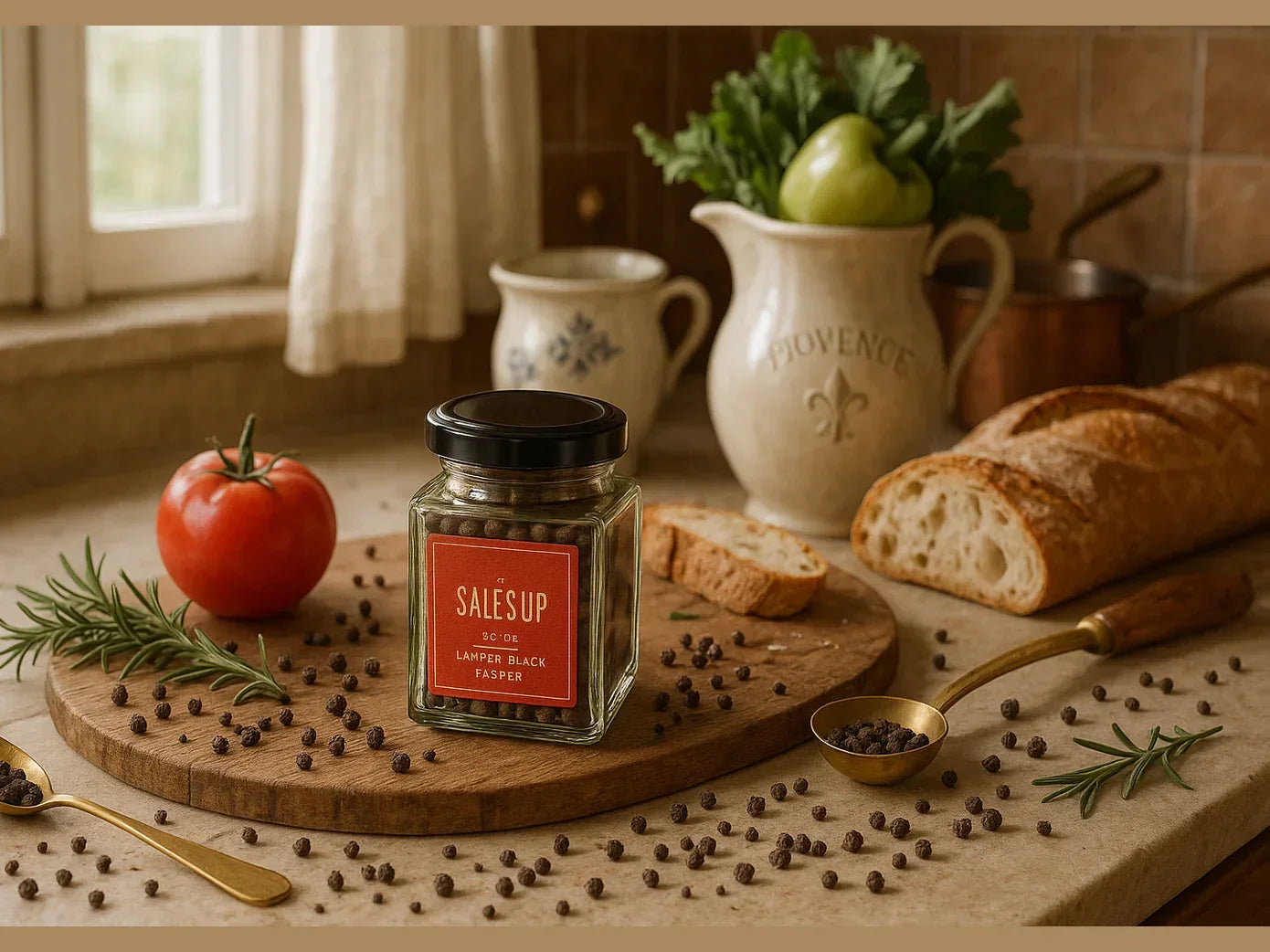 Rustic French country kitchen with black pepper jar, tomato, rosemary, baguette, and vegetables