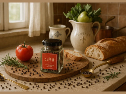 Rustic French country kitchen with black pepper jar, tomato, rosemary, baguette, and vegetables