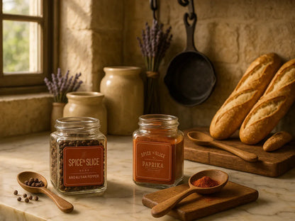 Elegant French kitchen with artisanal spice jars, paprika, pepper, baguettes, and rustic decor