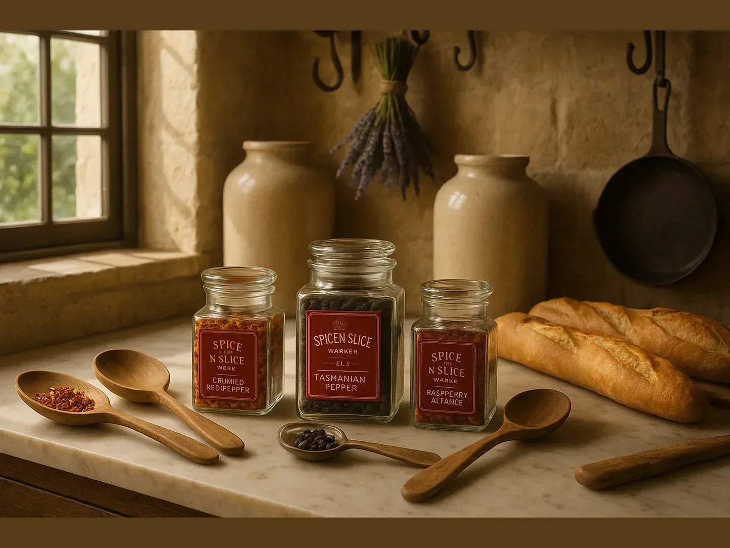 Artisan spice jars on marble counter in rustic French kitchen with baguettes and wooden spoons