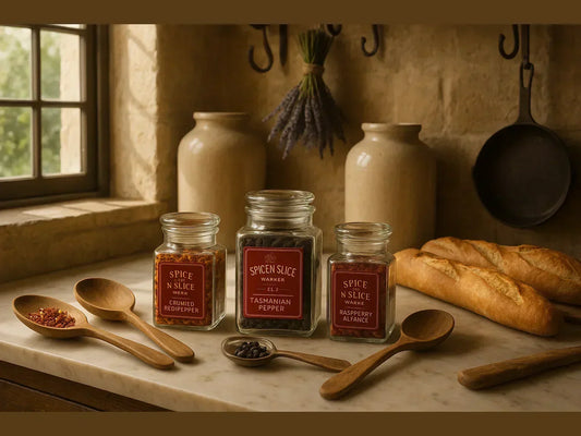 Artisan spice jars on marble counter in rustic French kitchen with baguettes and wooden spoons