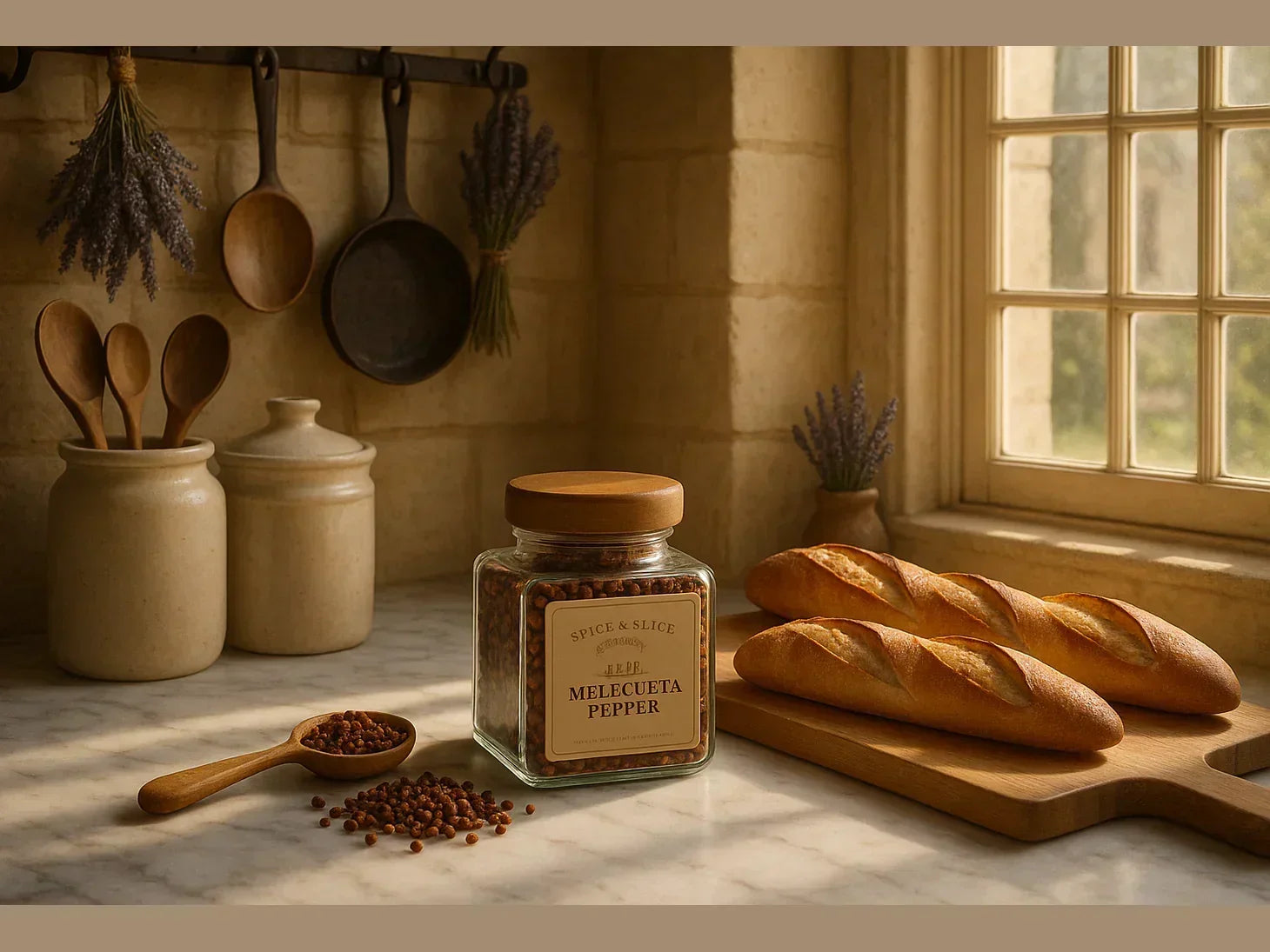 Elegant French kitchen with Melegueta pepper jar, fresh baguettes, and rustic decor.