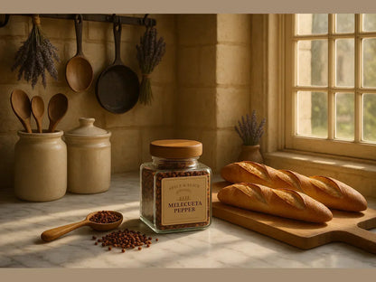 Elegant French kitchen with Melegueta pepper jar, fresh baguettes, and rustic decor.