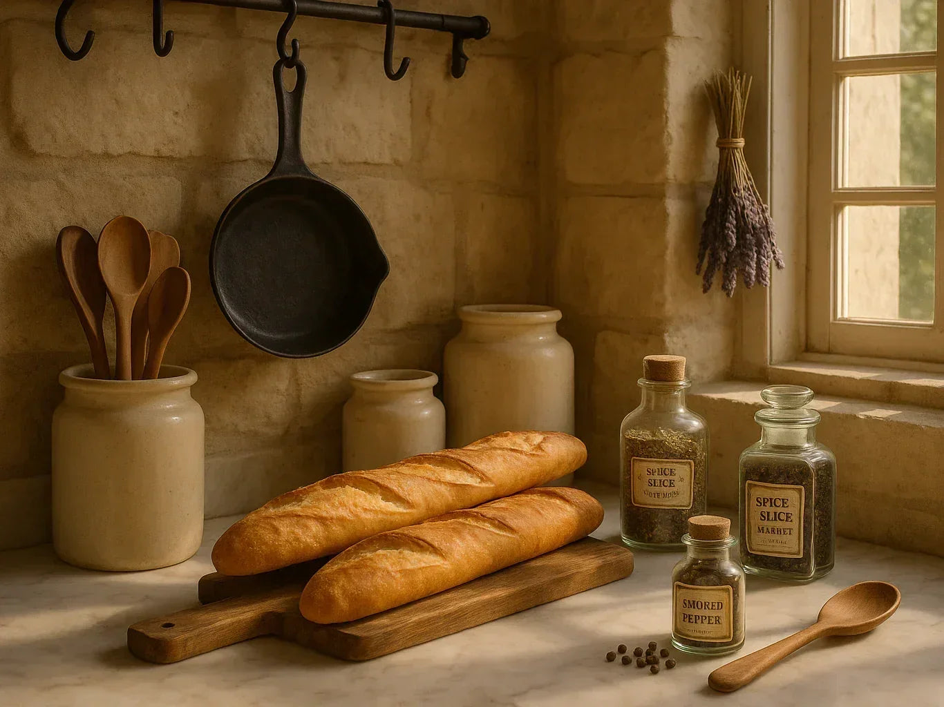 Elegant French kitchen with baguettes, spice jars, wooden utensils, and rustic decor