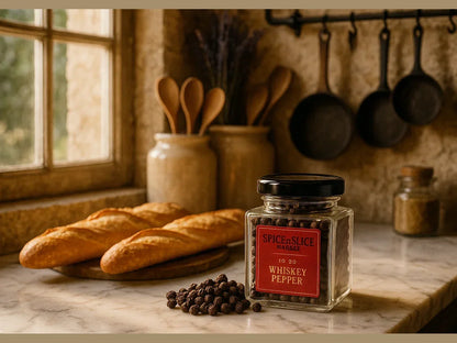 French kitchen with fresh baguettes and a jar of whiskey pepper on a marble counter