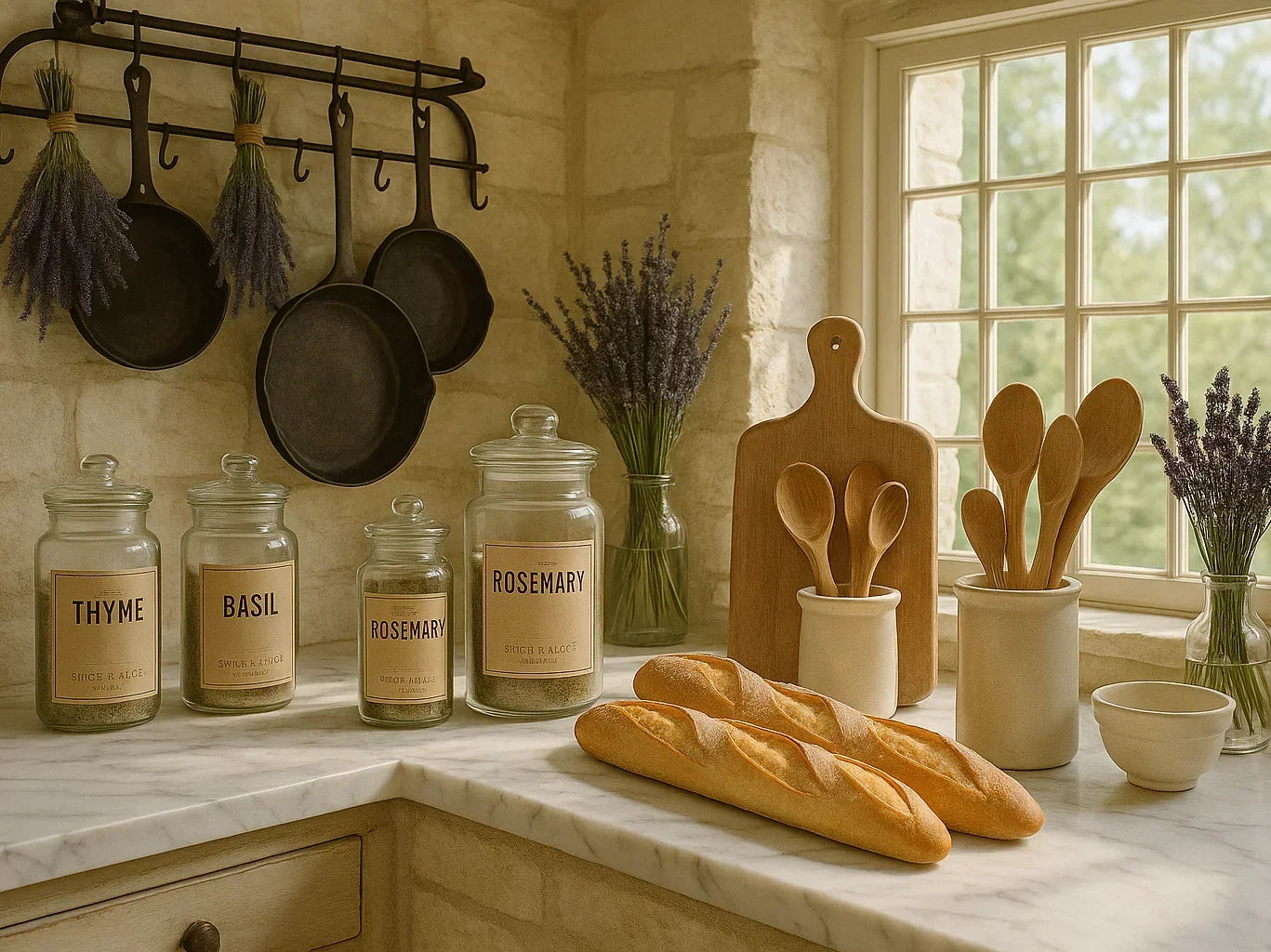 Elegant French kitchen with baguettes, glass jars of thyme, basil and rosemary, rustic decor