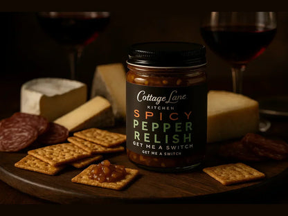Gourmet cheese board with spicy pepper relish, crackers, salami, assorted cheeses, and red wine.