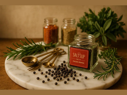Elegant kitchen arrangement with glass spice jars, whole peppercorns, herbs, and brass measuring spoons on a marble tray
