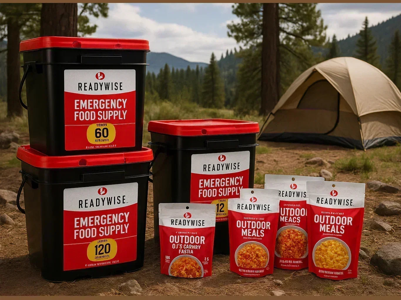 ReadyWise emergency food supply buckets and outdoor meal pouches on campsite ground near tent and trees