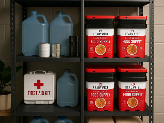 Emergency food supply containers, water jugs, first aid kit, and flashlights on pantry shelves