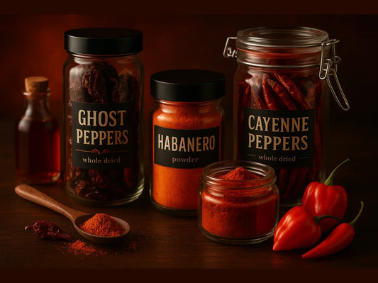 Variety of spicy peppers and powders in jars, including ghost, habanero, and cayenne peppers.