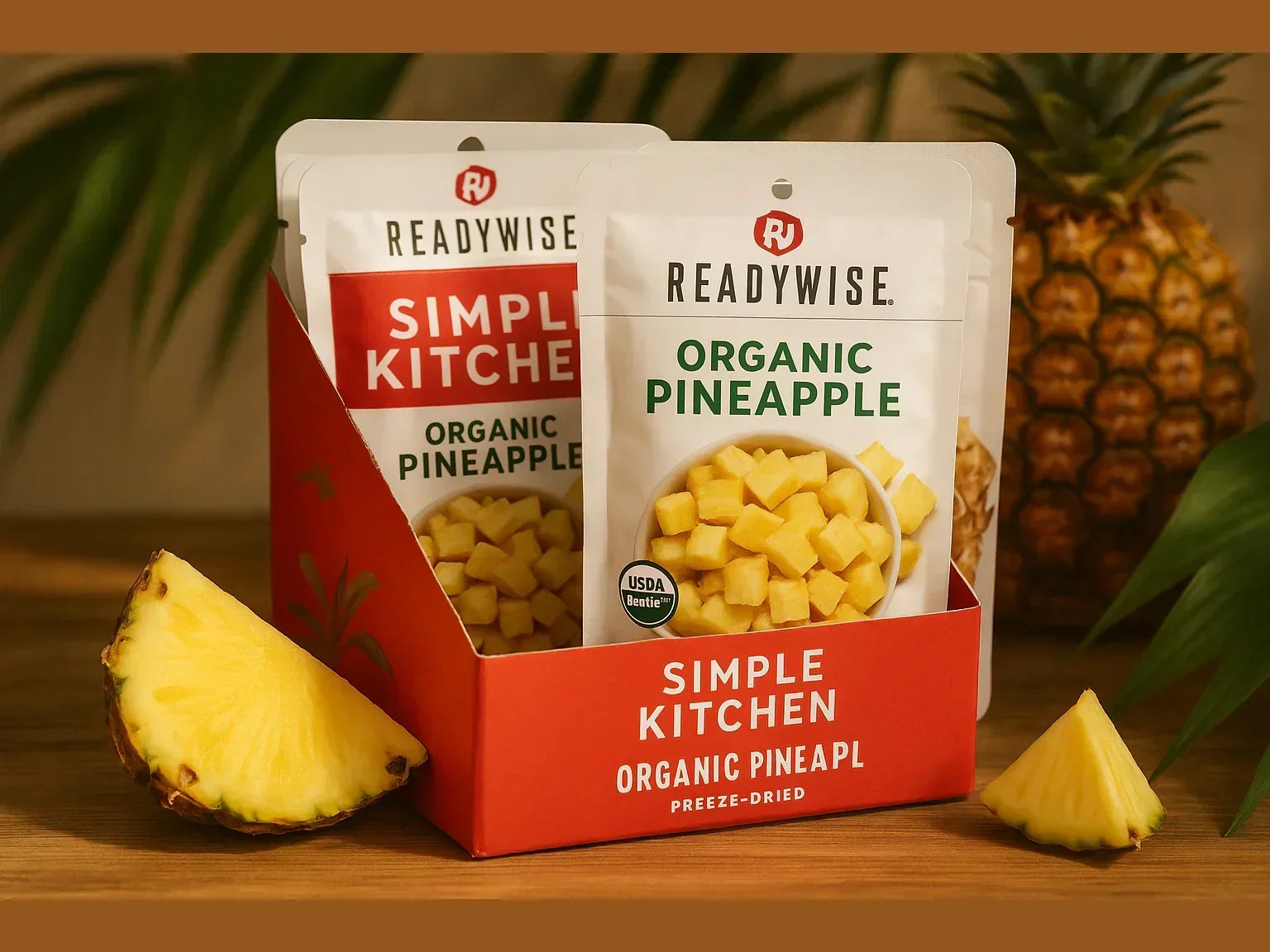 Freeze-dried organic pineapple snack pouches with fresh pineapple slices and whole fruit