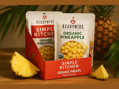 Freeze-dried organic pineapple snack pouches with fresh pineapple slices and whole fruit