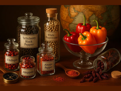 Assorted premium peppers including black pepper, white pepper, Aleppo and Chiltepin in jars, with fresh red and orange bell peppers in a glass bowl.